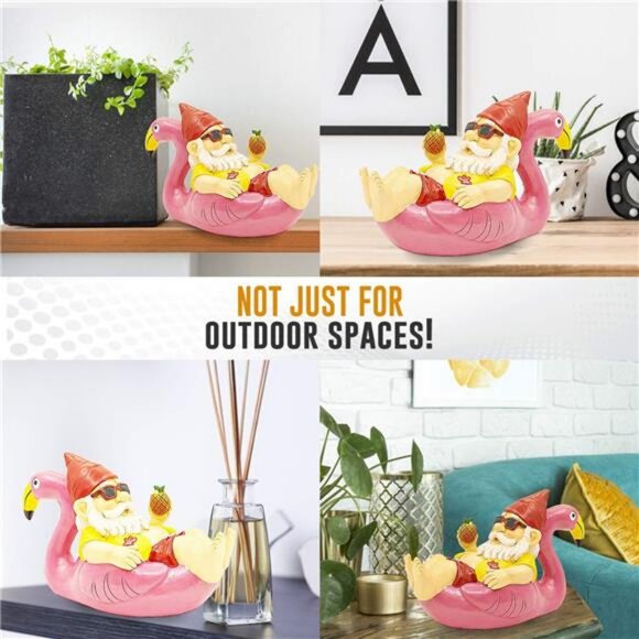 Garden Gnome on Flamingo, Polyresin Outdoor Decor, Funny Lawn Statue Figurine - Picture 4 of 5